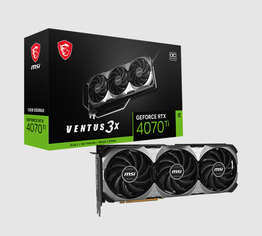  nVIDIA GeForce RTX 4070 Ti VENTUS 3X E1 12G OC<br>Boost Mode: 2640 MHz, 1x HDMI/ 3x DP, Max Resolution: 7680 x 4320, 1x 16-Pin Connector, Recommended: 700W  